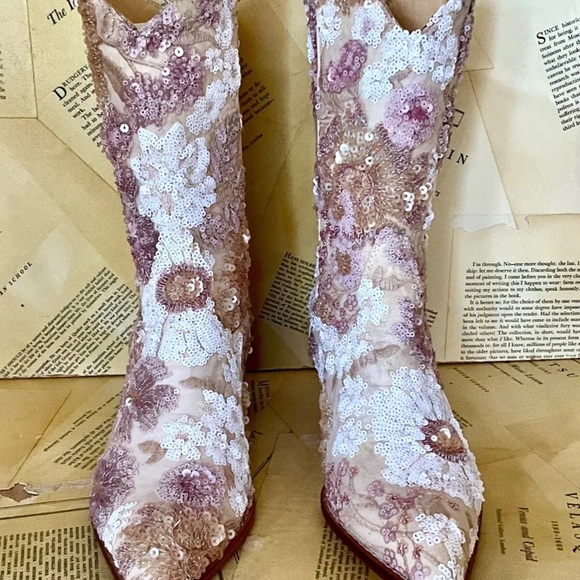 Free People MOMO Selina Embellished Boot Floral Sequin Cream Nude Zip - Picture 4 of 10